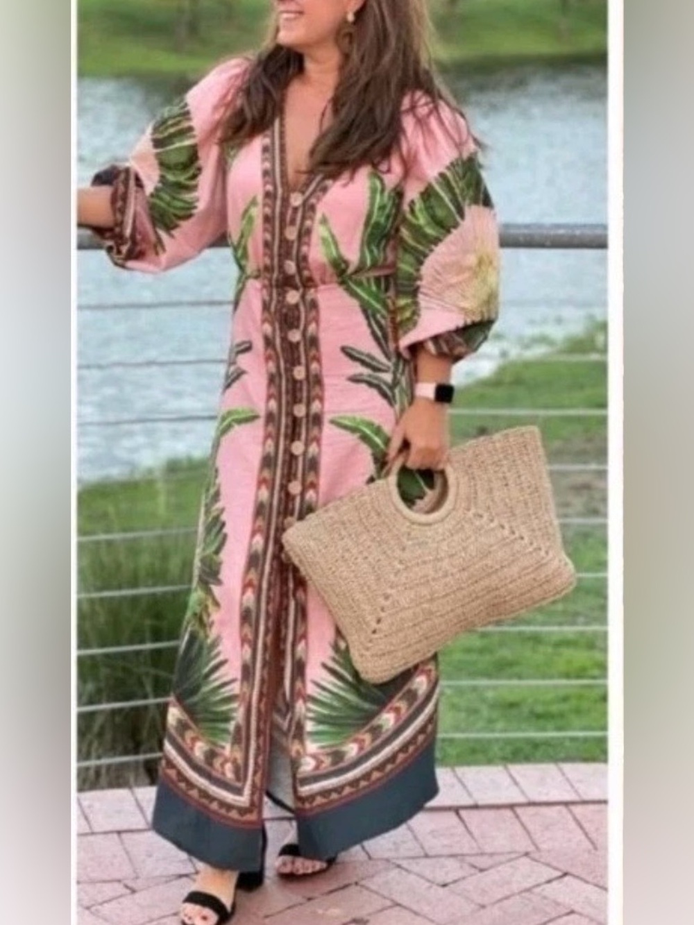 FARM RIO Amazonia Forest Linen-blend Midi
Dress In Green Light Pink Size Small - Picture 7 of 14